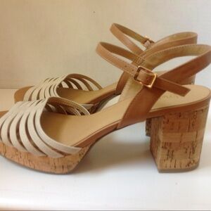 Y.Not? Cream Tan Cork Heel Sandals Leather Strap
